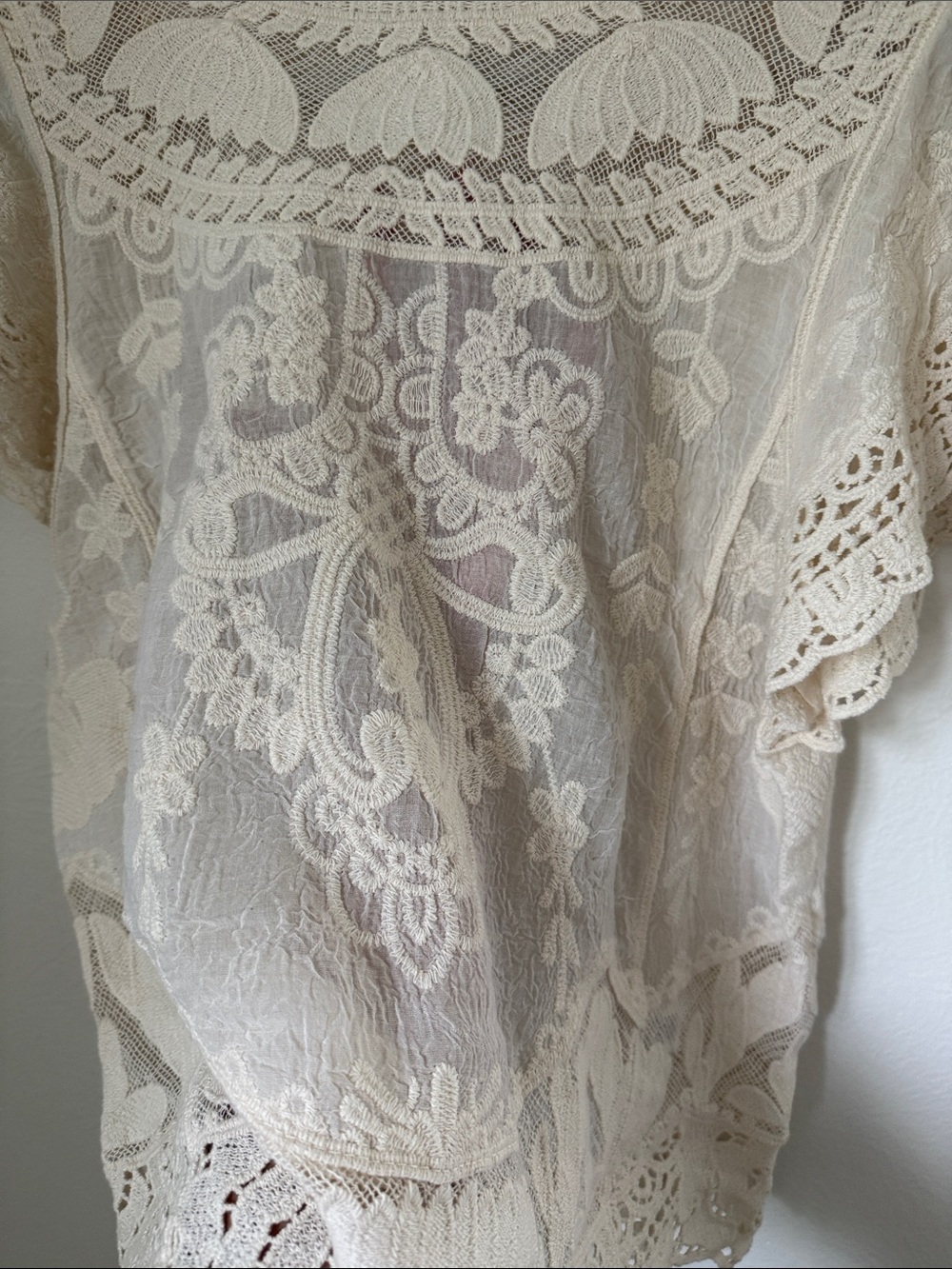 Democracy Cream Lace Crochet Short Sleeve Blouse - Picture 4 of 4
